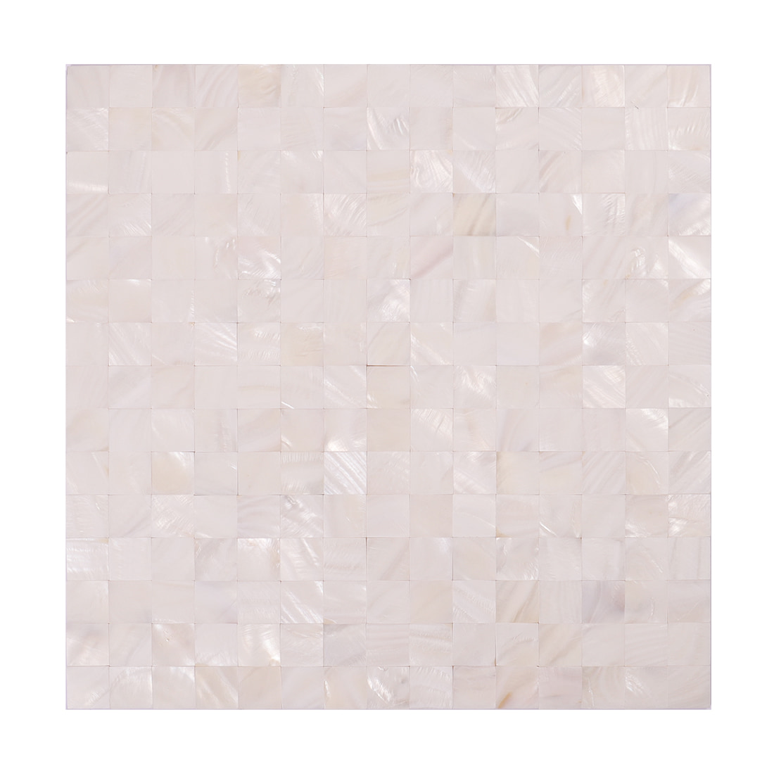 Front view of white mother of pearl square mosaic tile sheet on white background