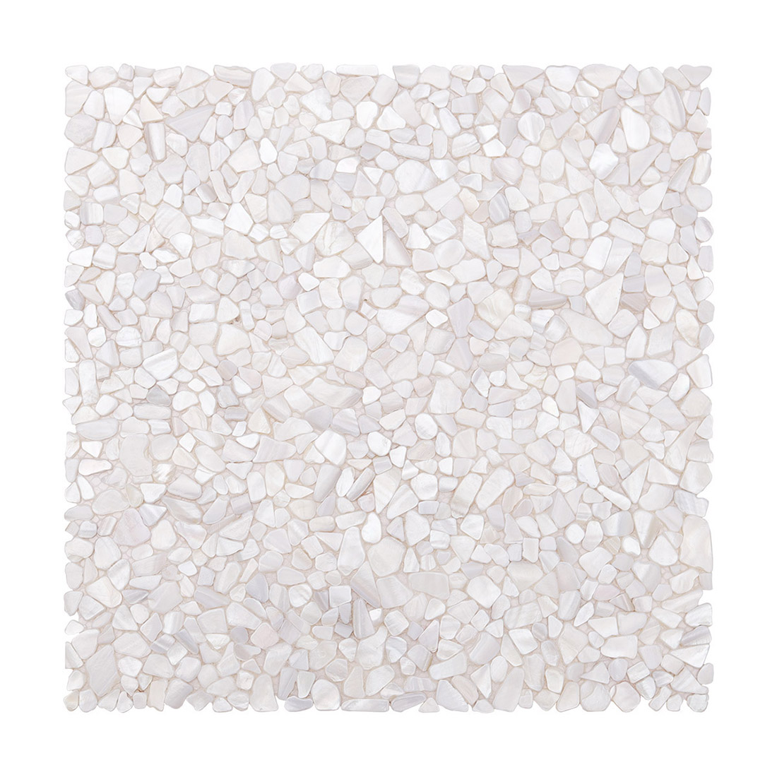 Front view of white mother of pearl pebble mosaic sheet on white background