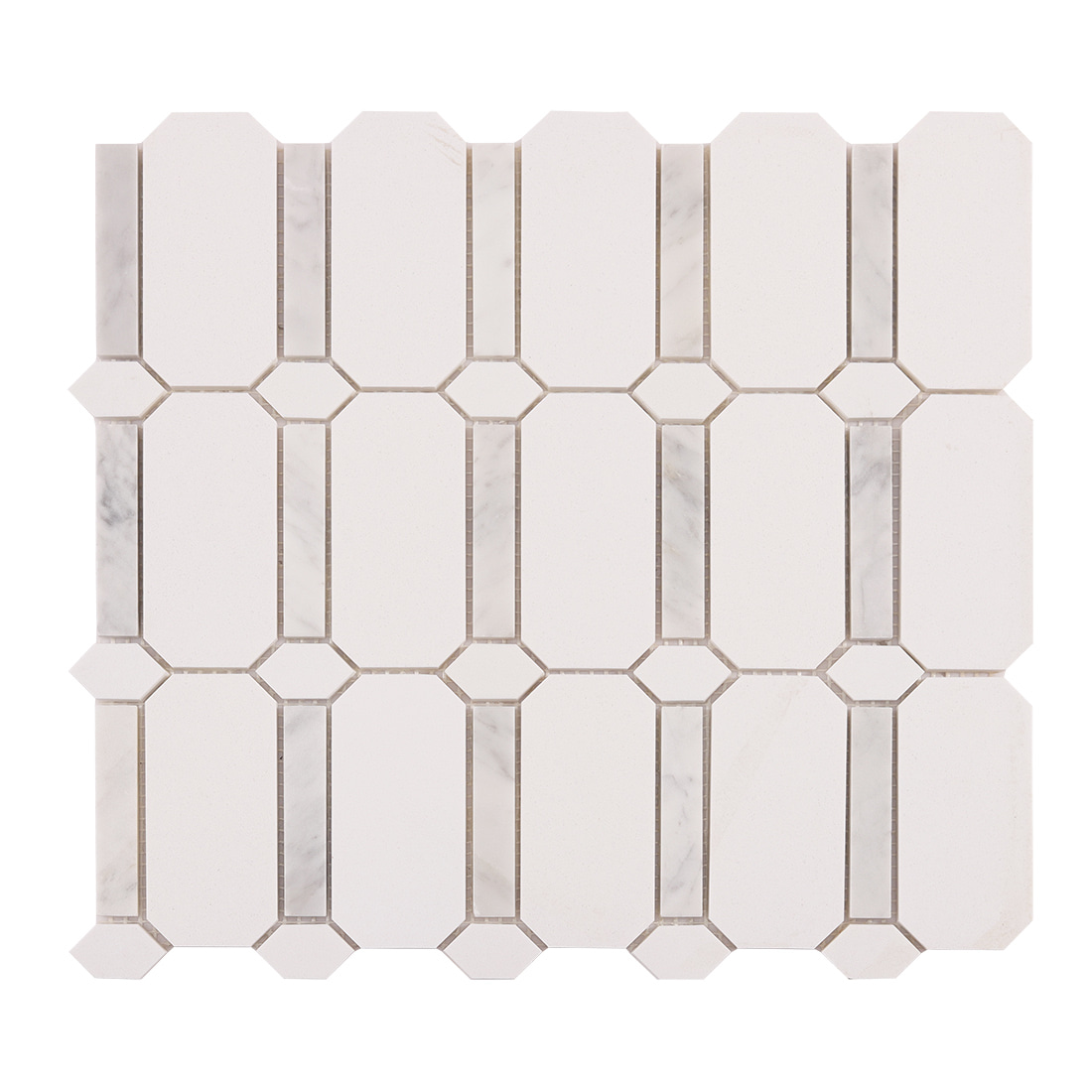 Full sheet of white octagon mosaic tile with marble accent strips