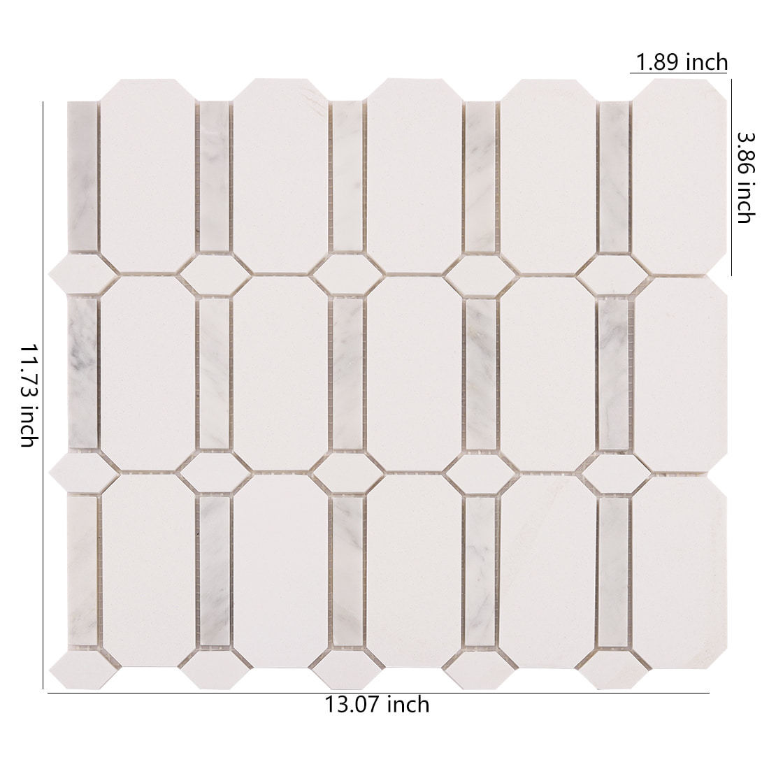 White octagon mosaic tile sheet with marble strips and size dimensions shown