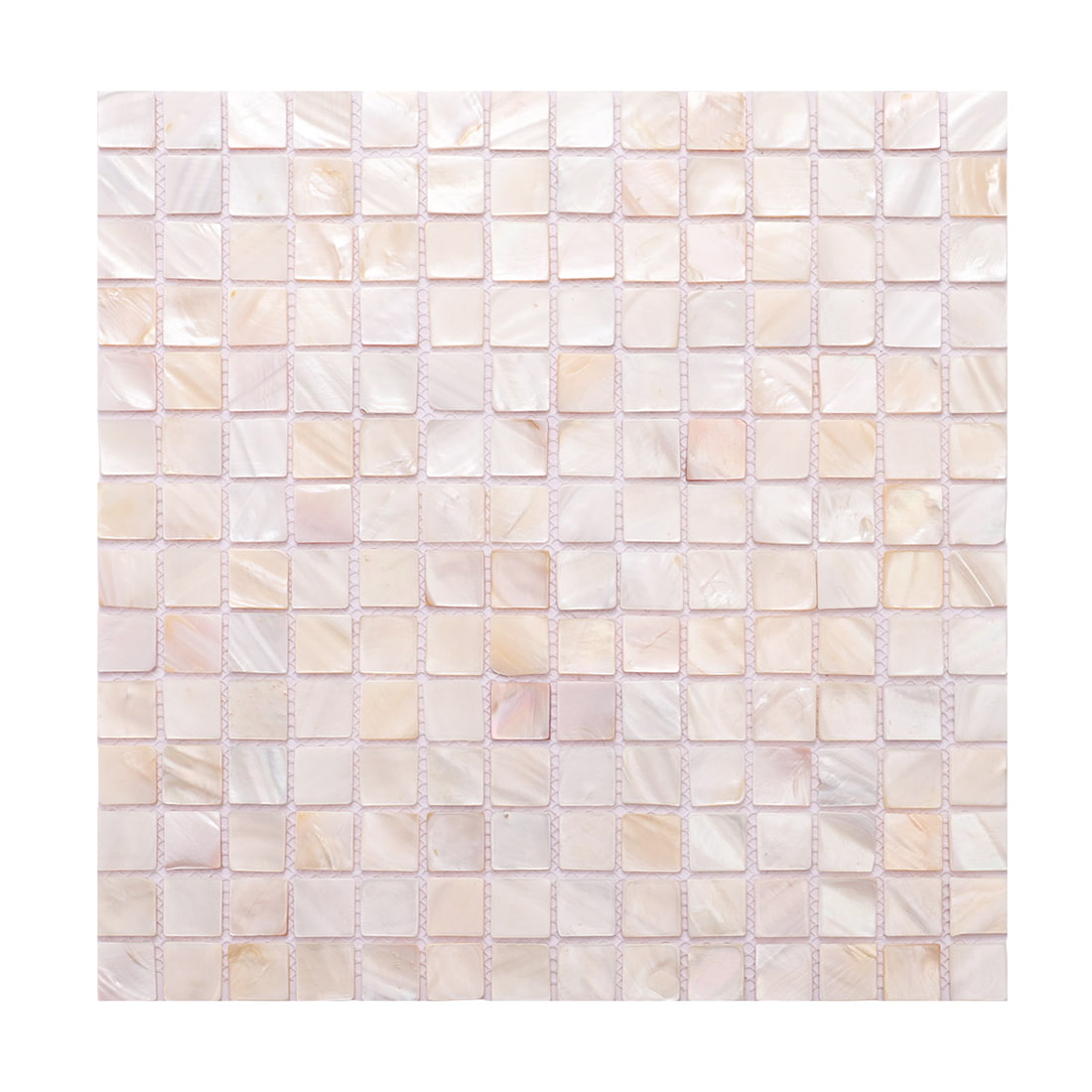 Full sheet view of white pearl shell square mosaic tile on white background