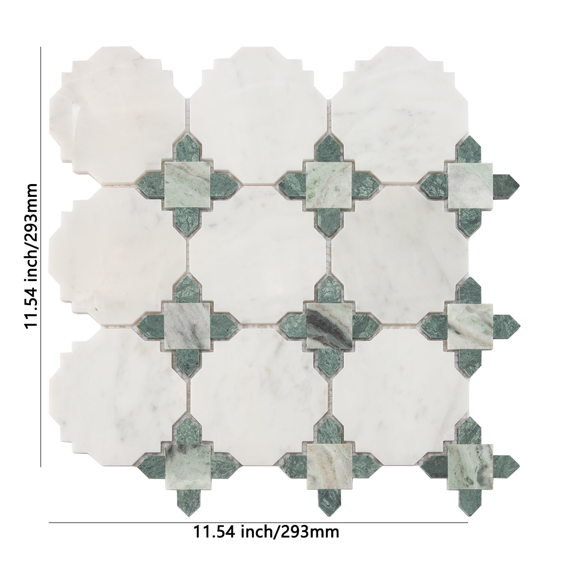 White octagon marble mosaic with green marble corner accents