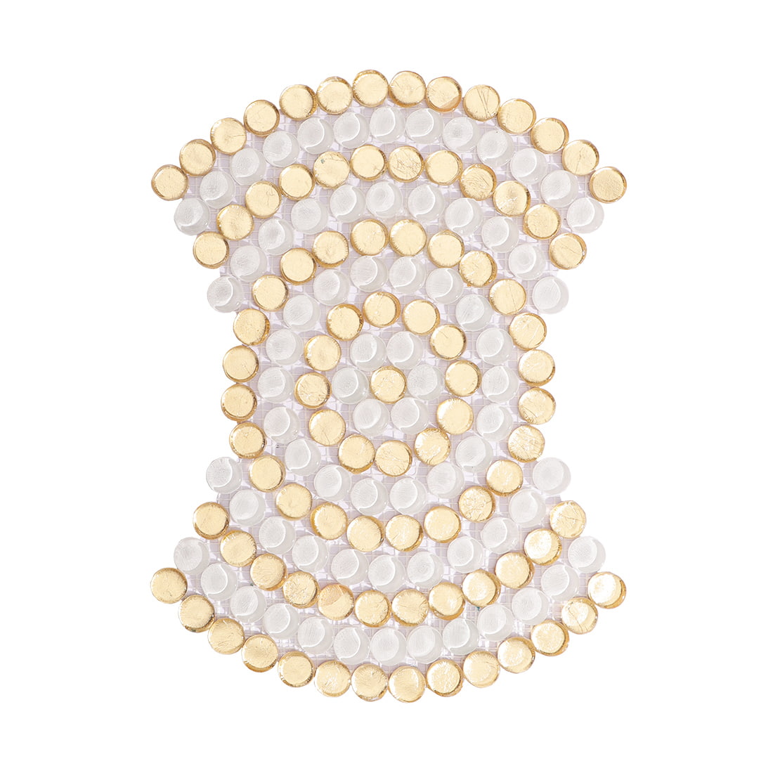 Top view of white and gold round glass mosaic tile sheet with artistic pattern
