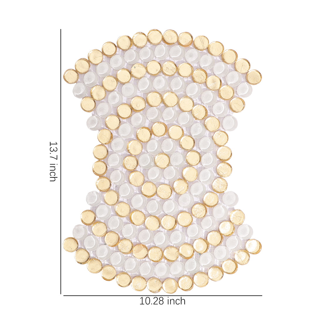 White and gold round glass mosaic sheet showing decorative pattern and size 