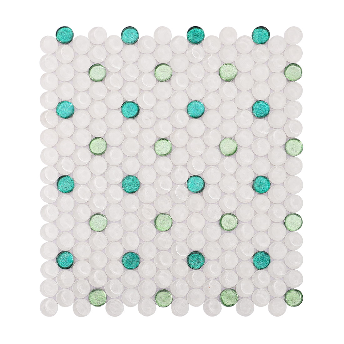 Full sheet view of white penny round glass mosaic tile with green foil dots