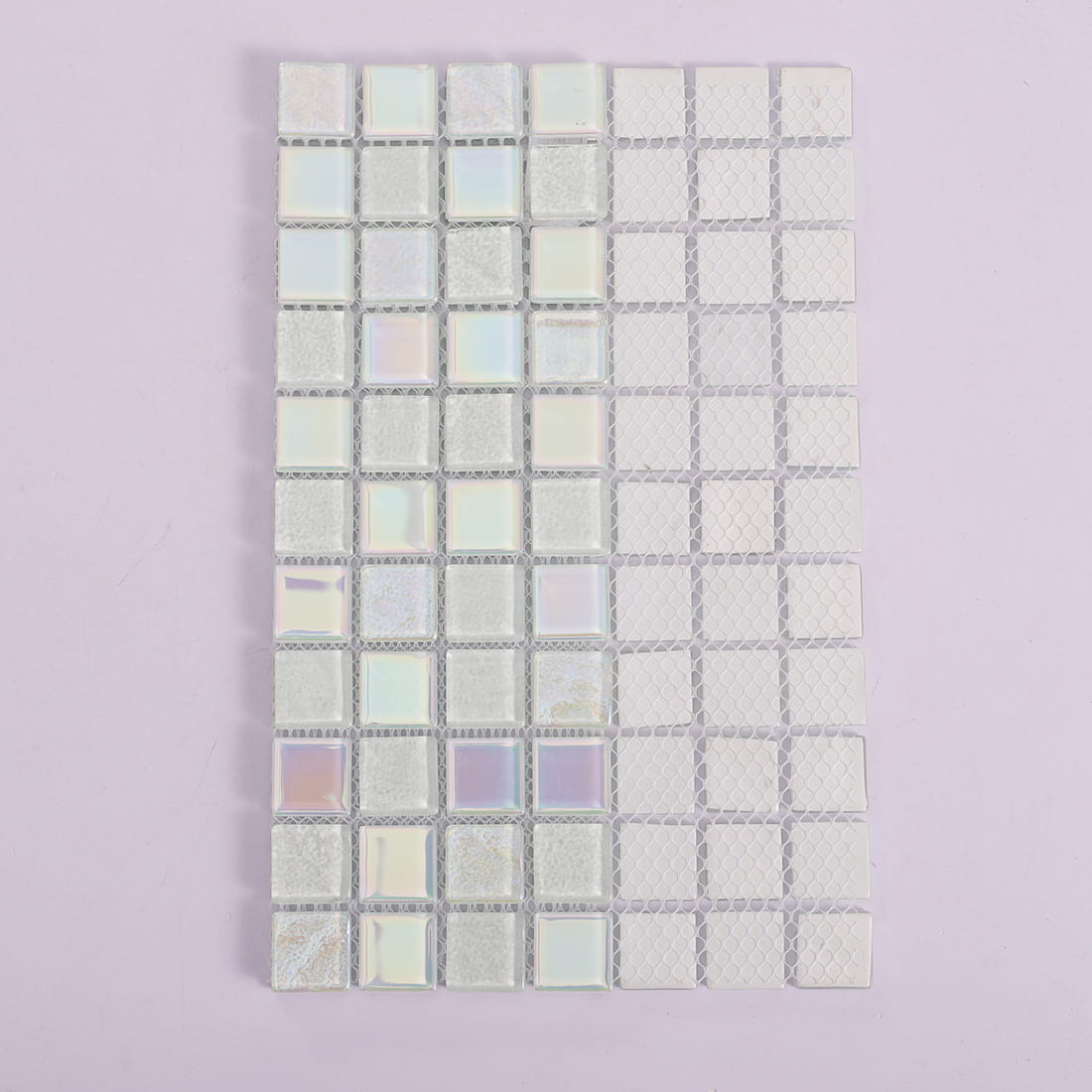 White square crystal glass mosaic tile showing mesh backing