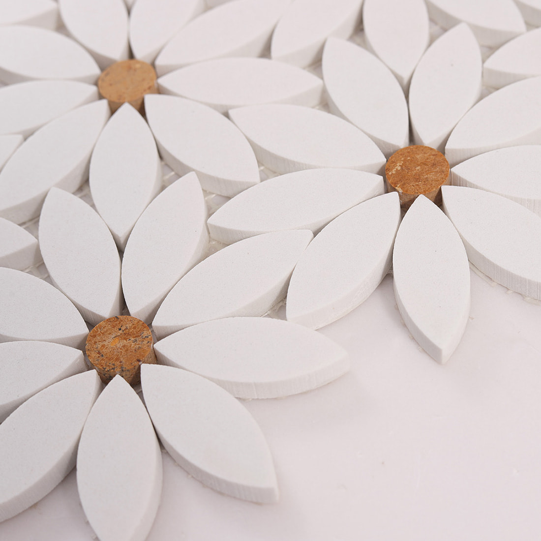 Angled close up showing marble mosaic thickness and petal edges