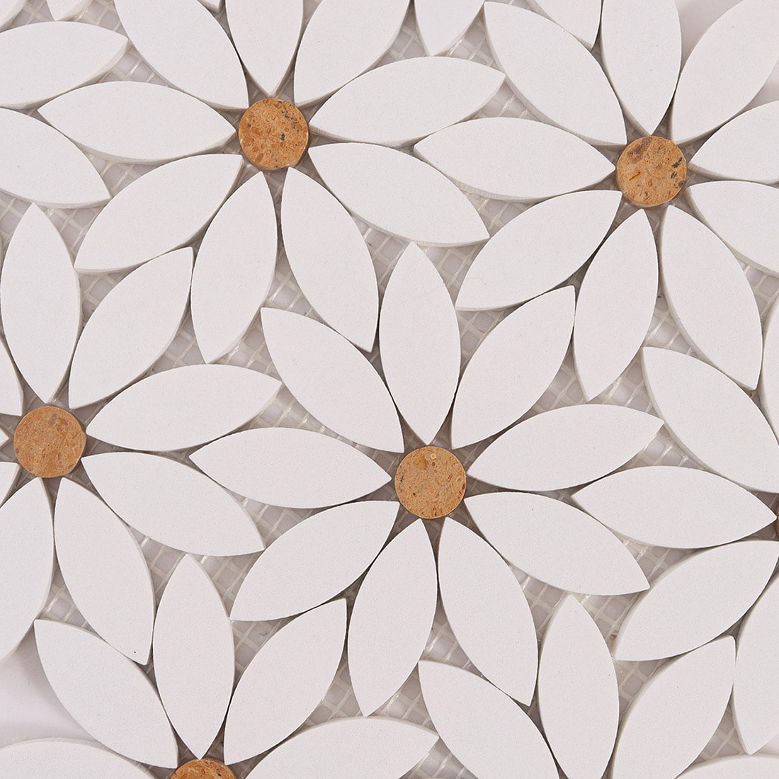 Close up of white daisy petal pieces and center dots in marble mosaic