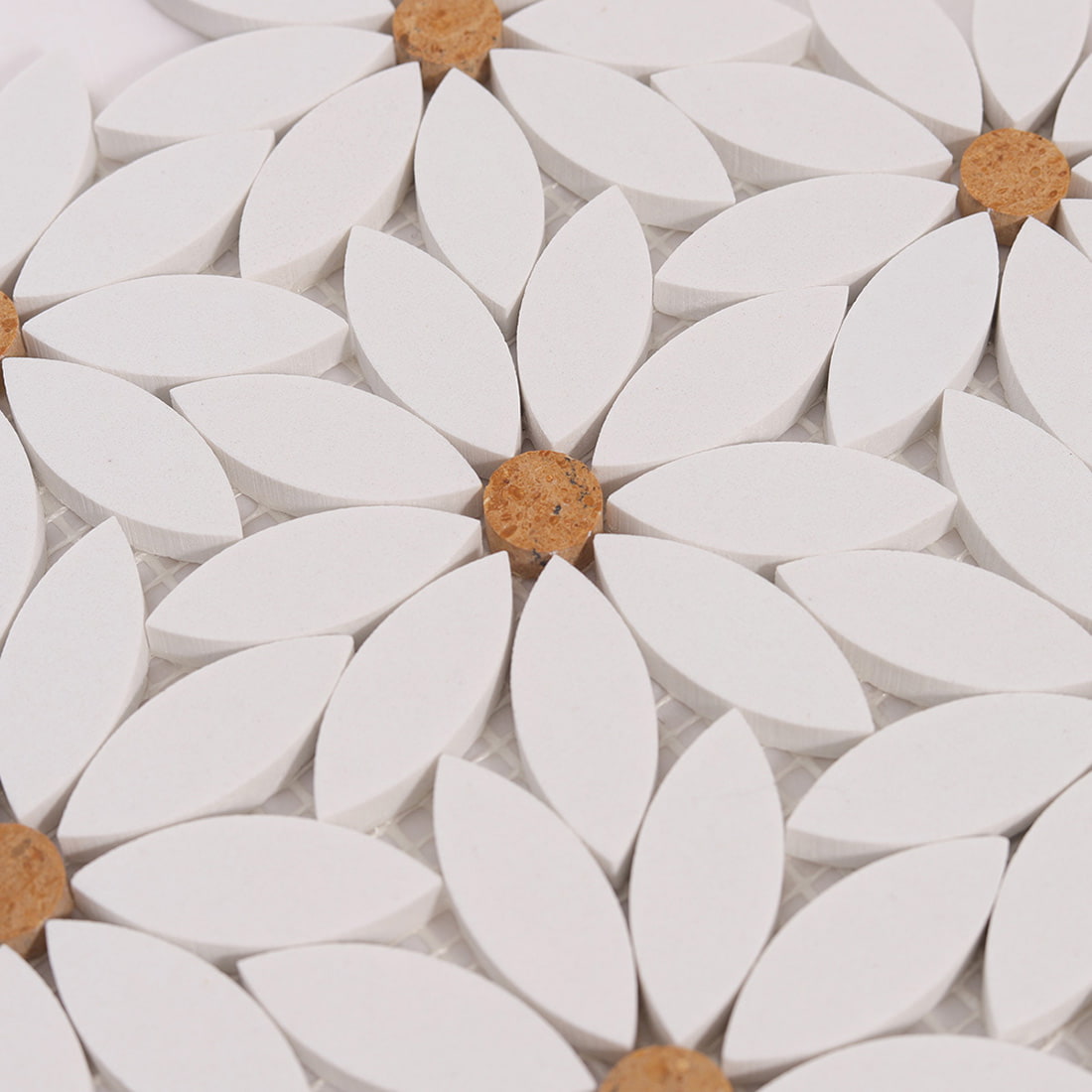 Pattern detail showing repeating daisy shapes and brown center dots