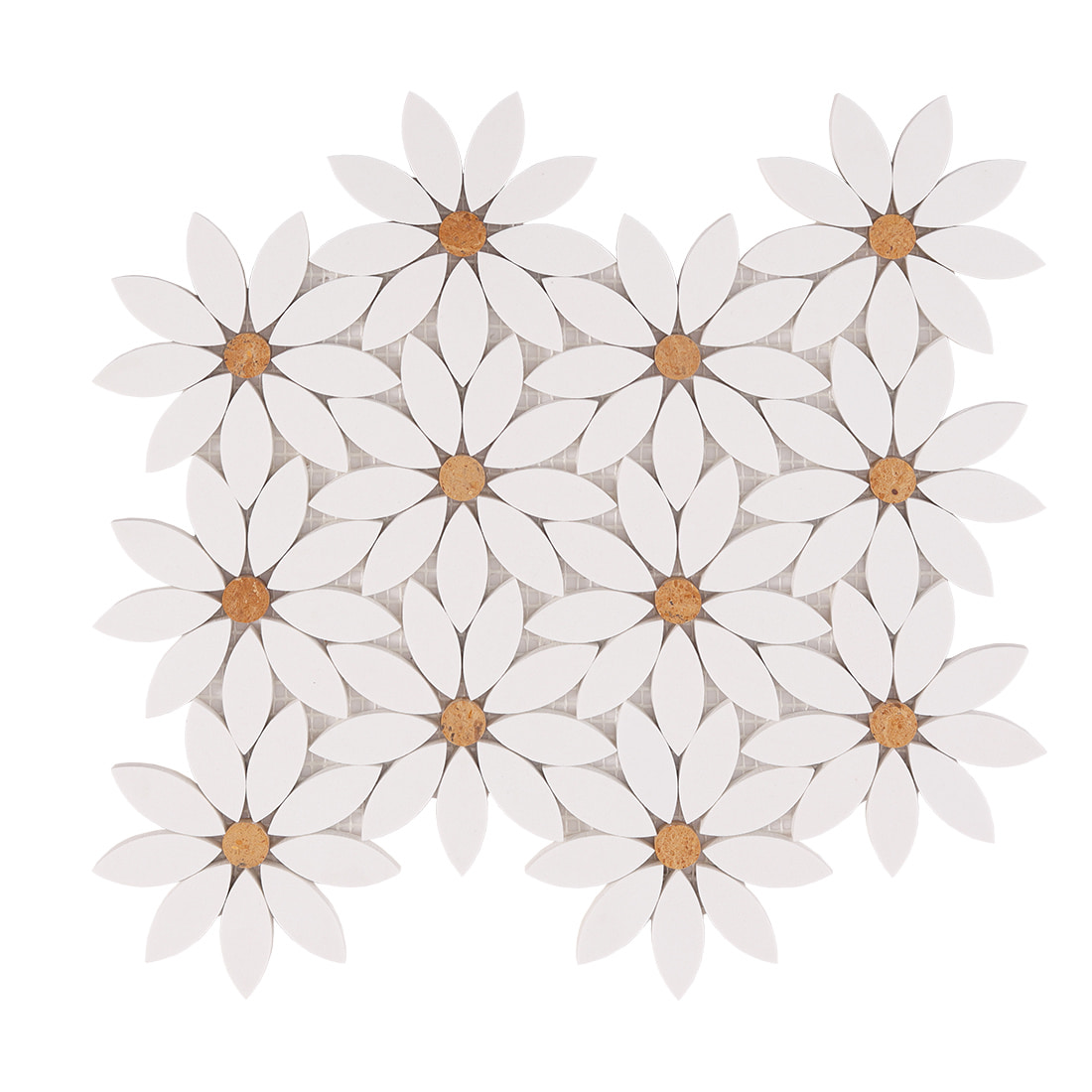 Front view of white daisy flower marble mosaic tile sheet