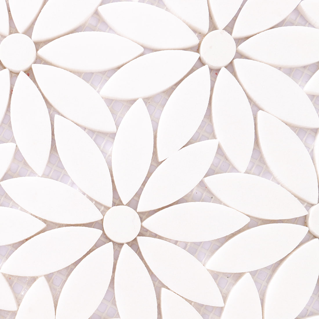 Close up pattern detail of white daisy flower mosaic tiles on mesh backing