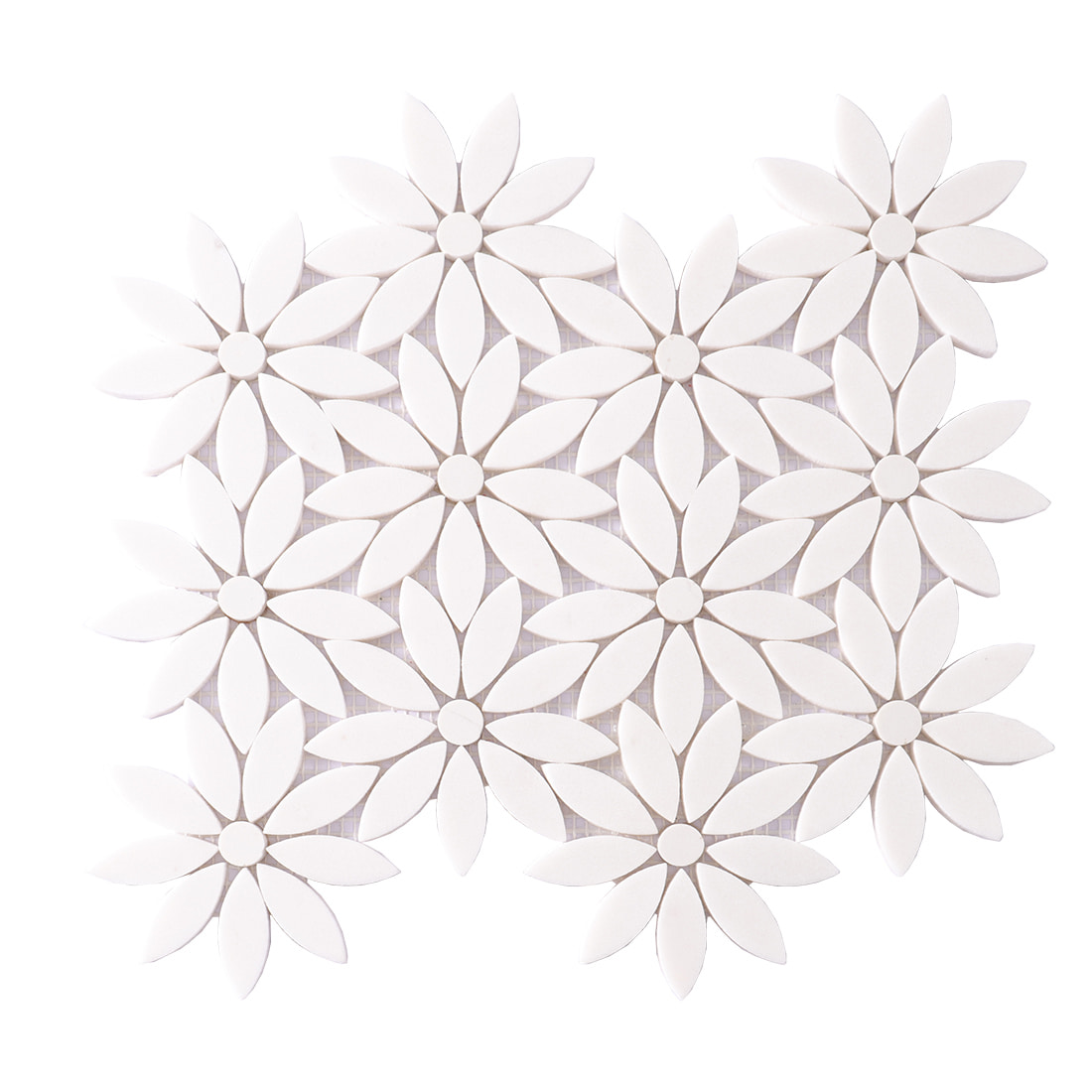 Front view of a white daisy flower mosaic tile sheet on a white background