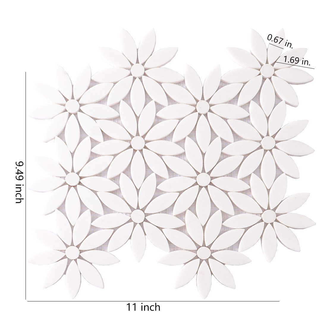 White daisy flower mosaic tile sheet with size measurements on a white background