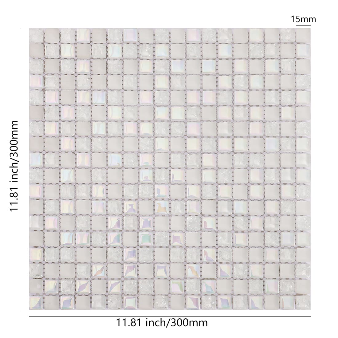 White iridescent square glass mosaic tile sheet with 15mm chips and size guide