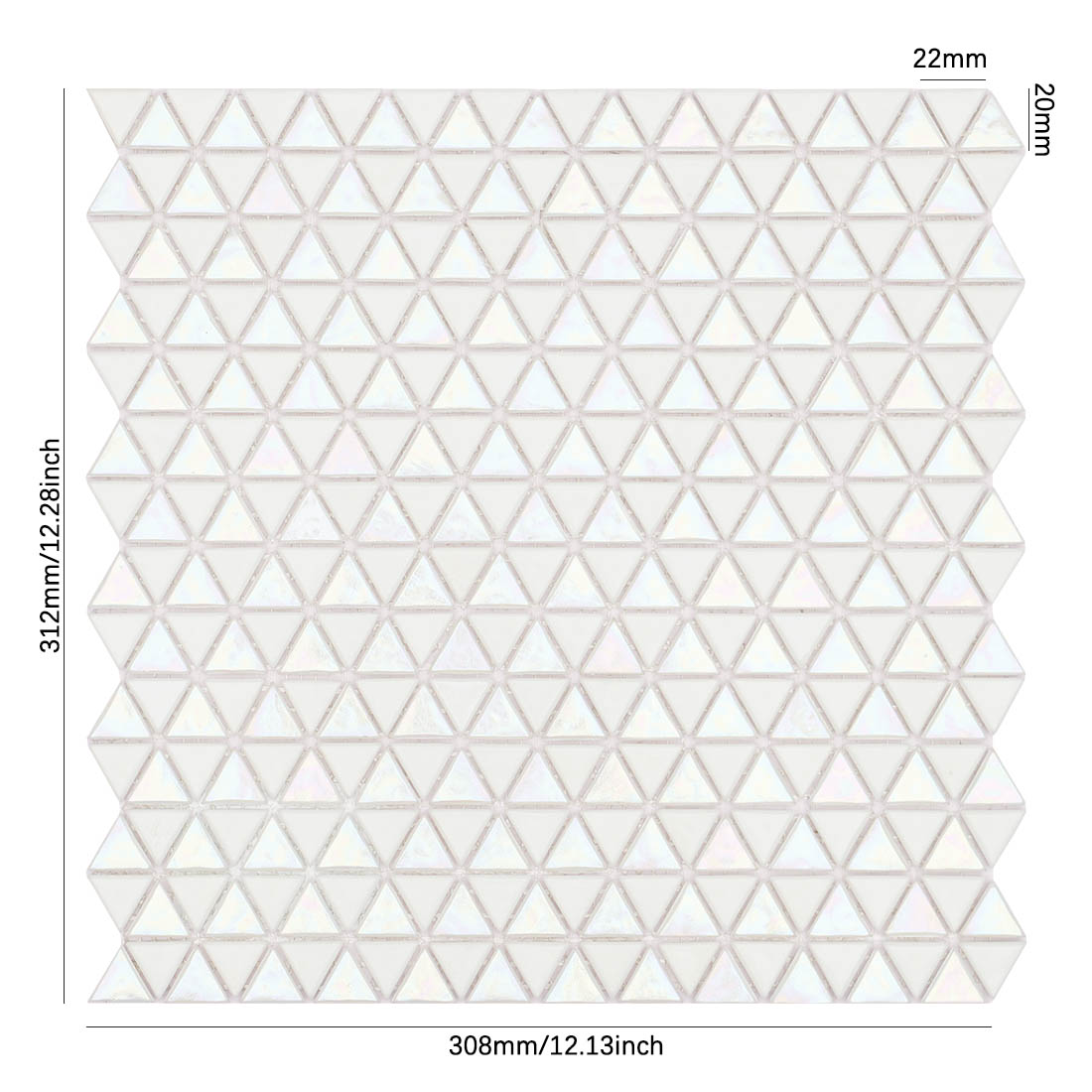 White iridescent triangle glass mosaic tile sheet with size details
