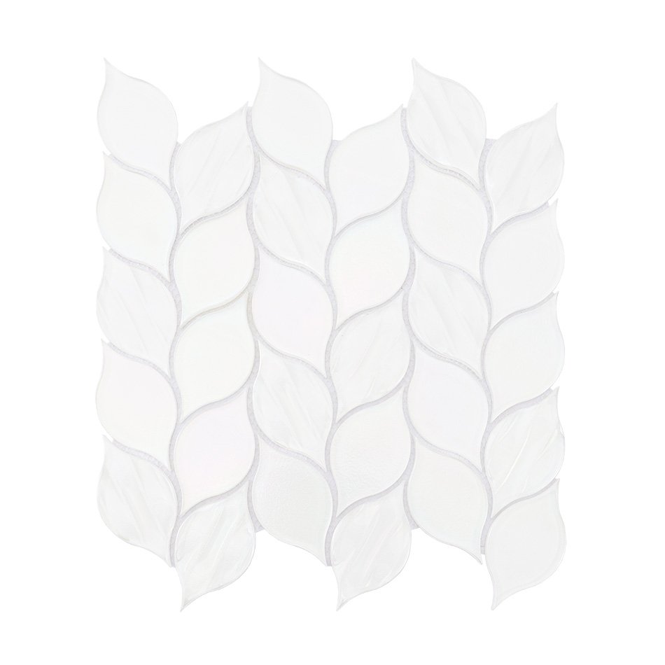 Full sheet of white glass iridescent leaf mosaic tile in leaf pattern.