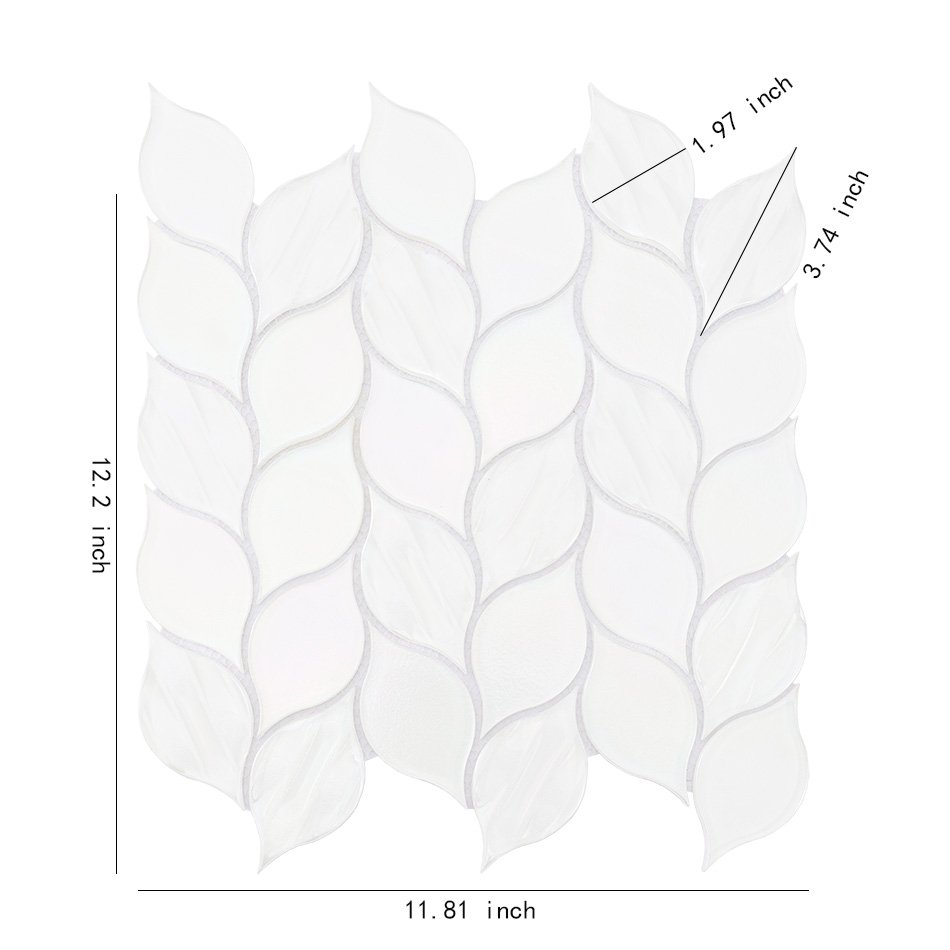 Size chart of white glass iridescent leaf mosaic tile sheet with dimensions.