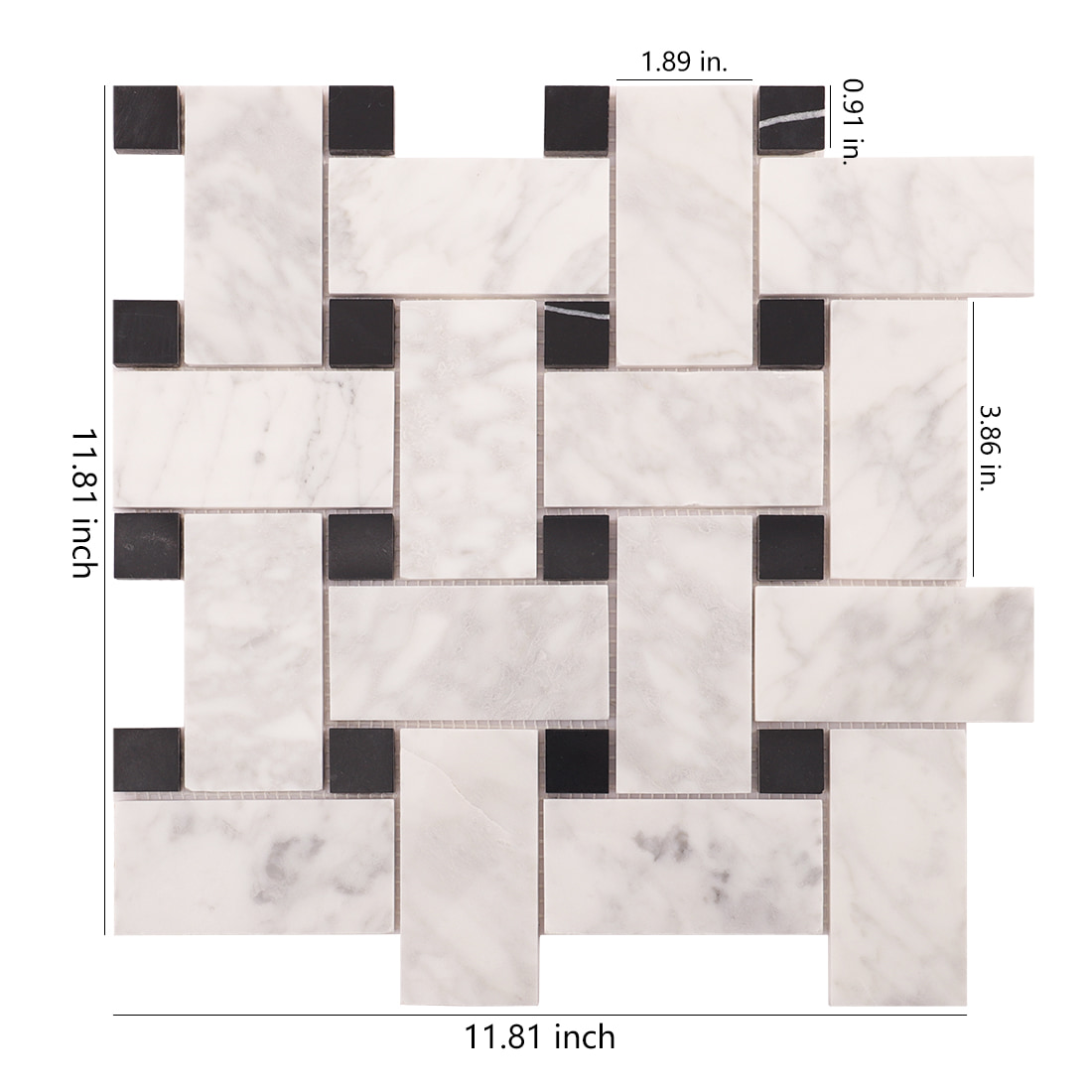 White marble rectangle mosaic with black square dots, dimensions shown.