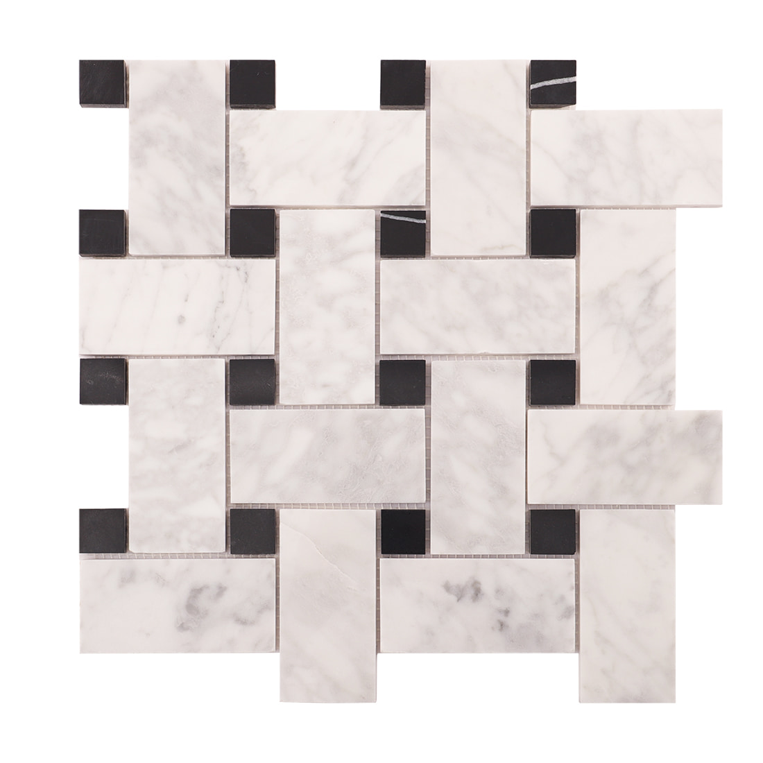 Top view of white marble rectangle mosaic with black square accents.