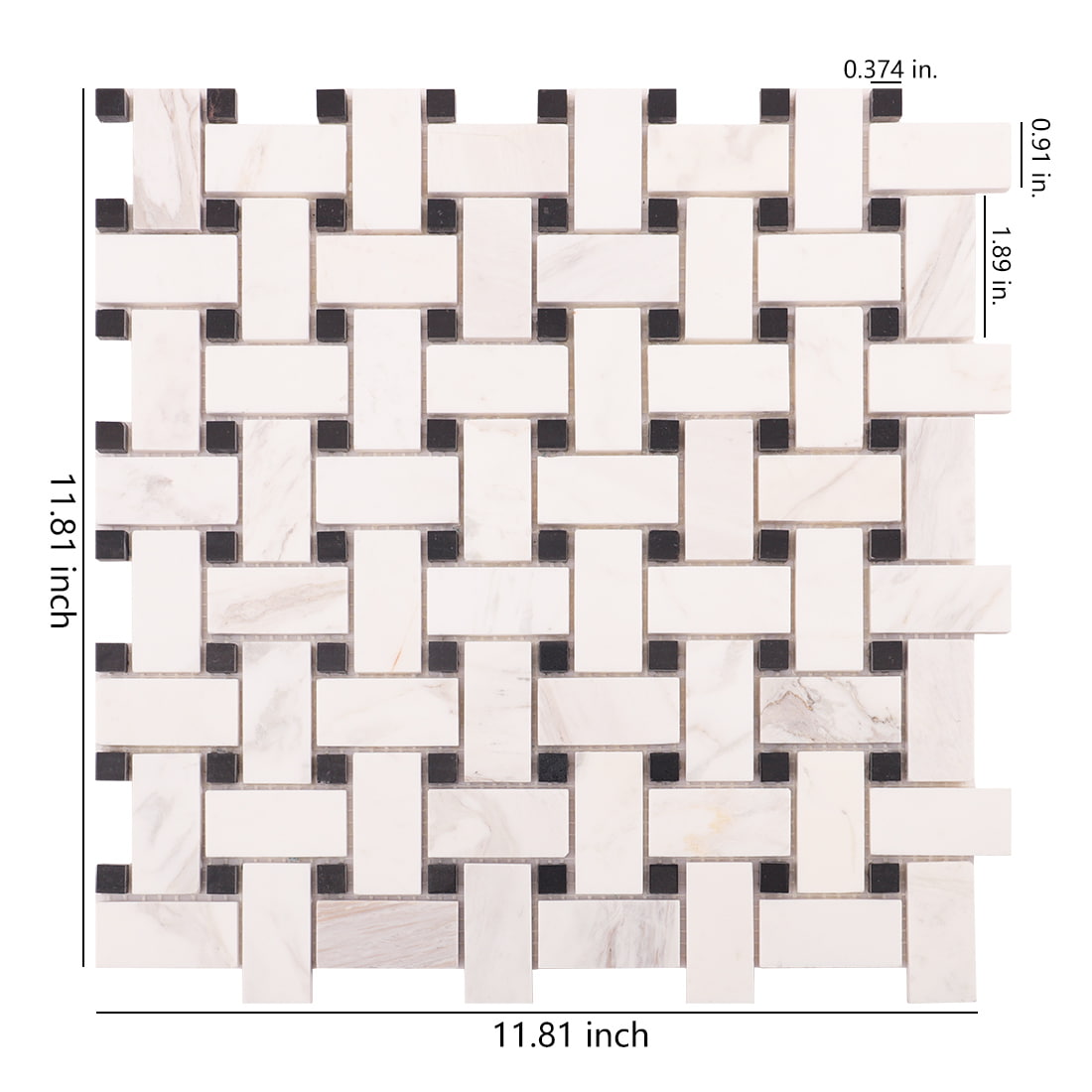 White marble basket weave mosaic tile with black dot accents and size reference.