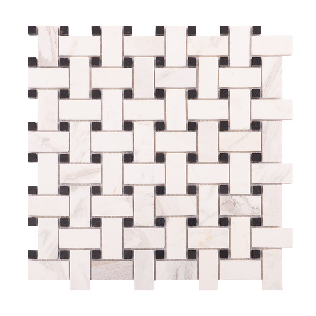 Full sheet view of white marble basket weave mosaic with black dot joints.