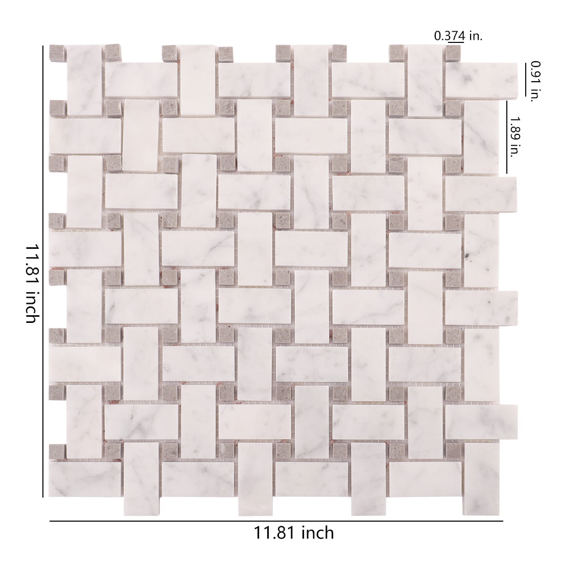 Basketweave white marble mosaic sheet with dimensions 11.81 x 11.81 in
