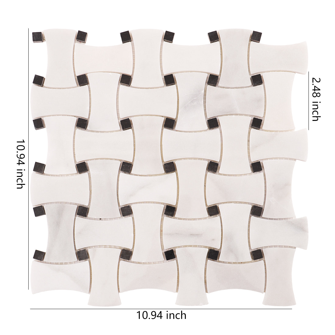 White marble basketweave mosaic with black dot corners, dimensions shown.