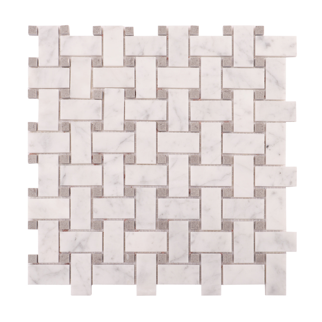 Front view of basketweave white marble mosaic tile sheet