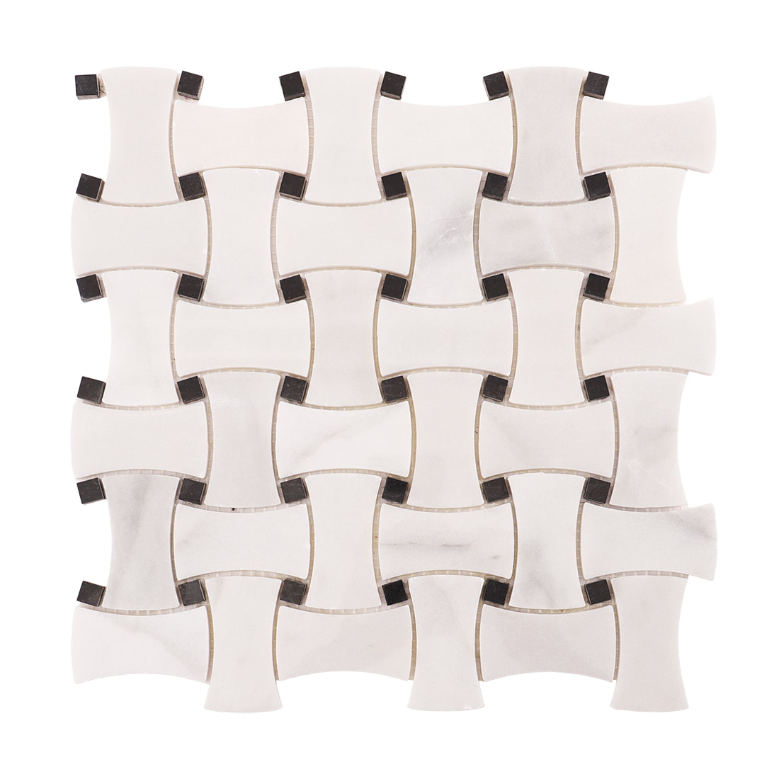 Top view of white marble basketweave mosaic with small black square accents.