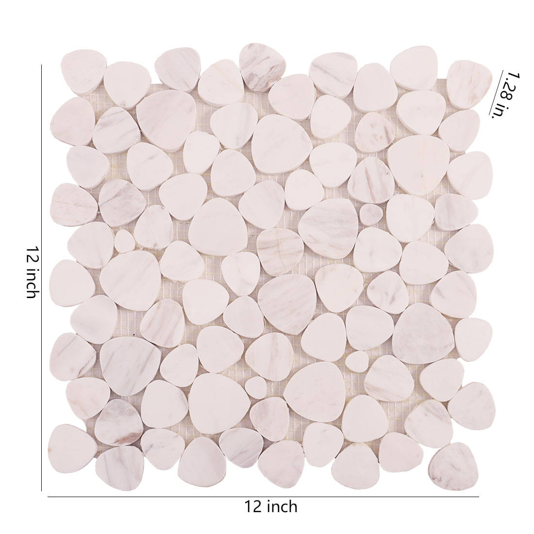 White marble pebble mosaic tile sheet with size markings