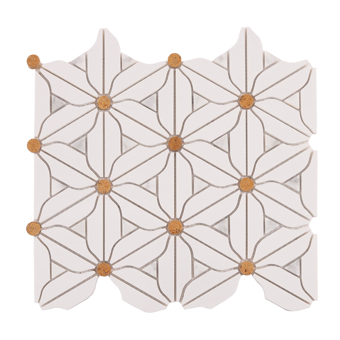 Front view of white marble pinwheel flower mosaic with warm round dot accents