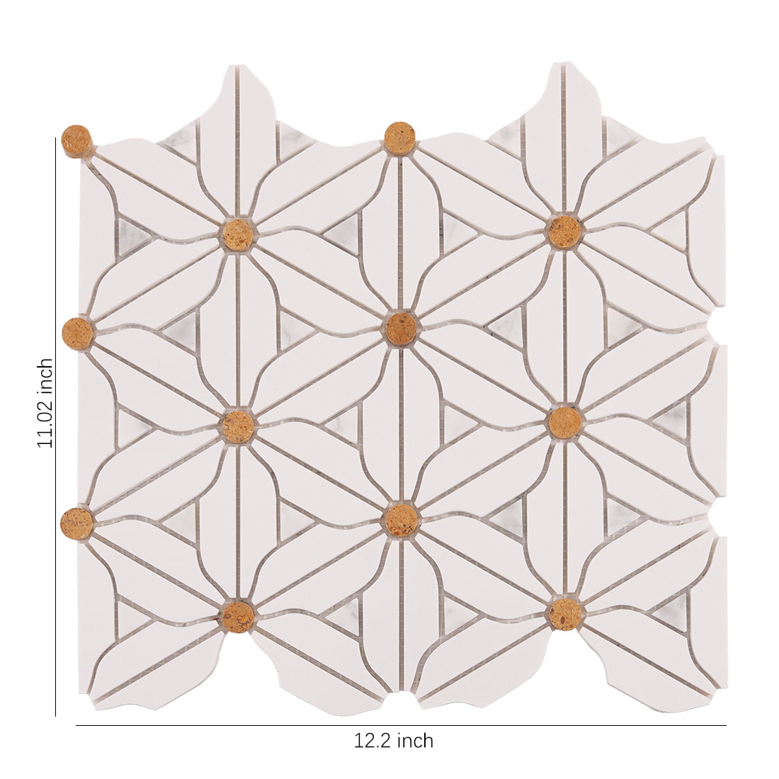 White marble pinwheel flower mosaic sheet with size measurements on white background