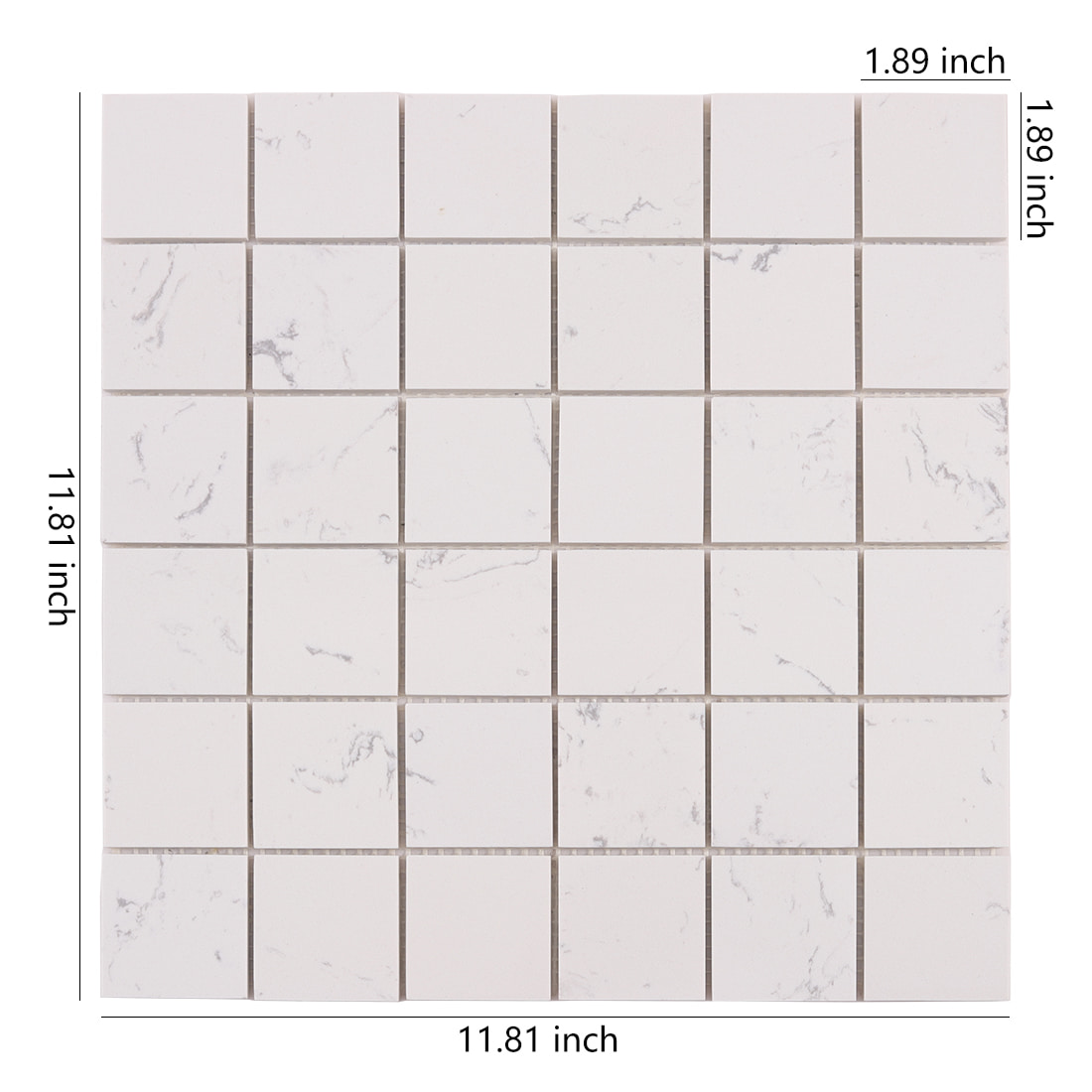 White marble square mosaic tile sheet showing overall dimensions