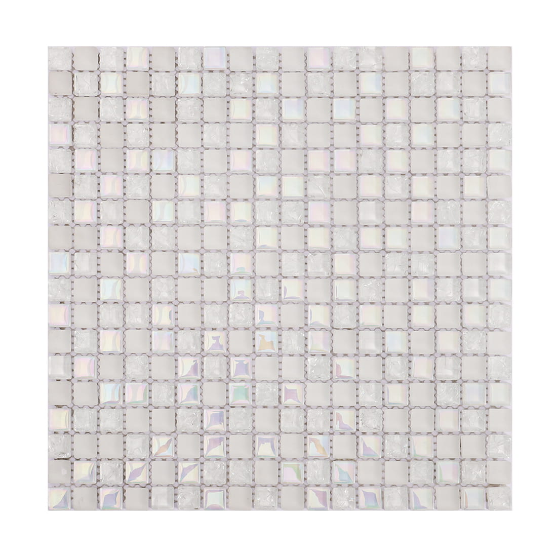 White square glass mosaic tile sheet with glossy, matte, and textured chips