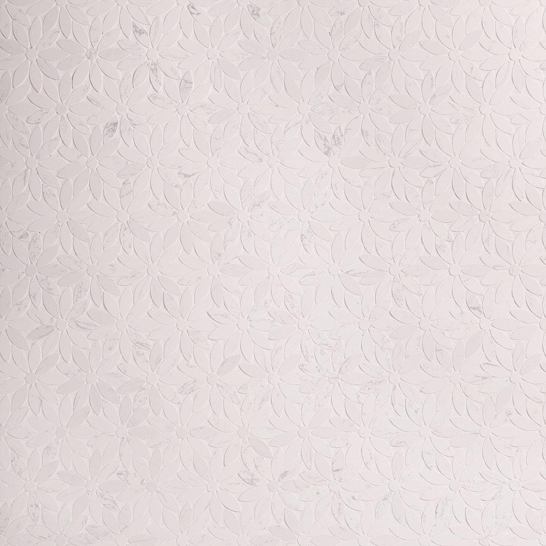Full installed view of white petal flower marble mosaic repeating pattern