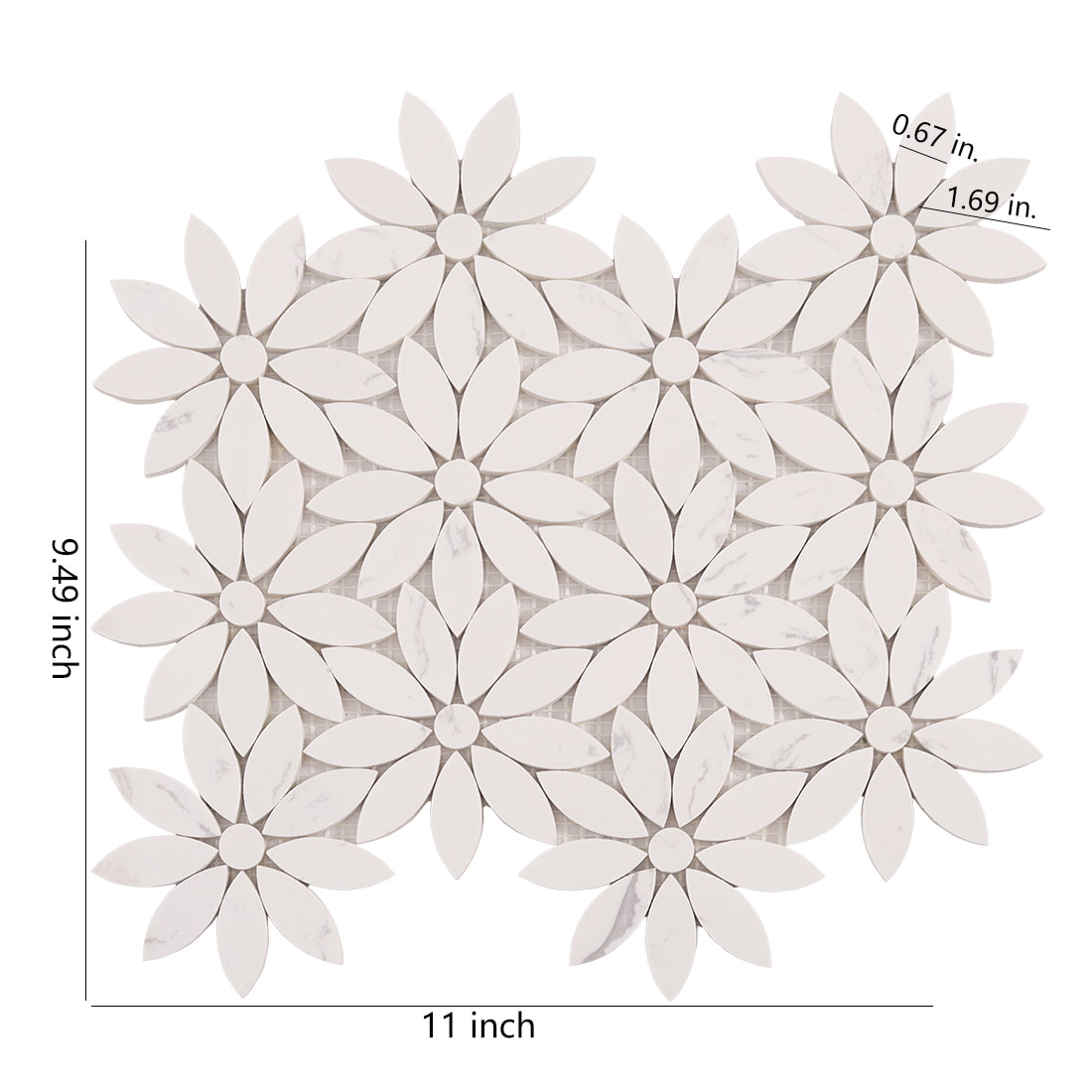 White petal flower marble mosaic sheet with size measurements