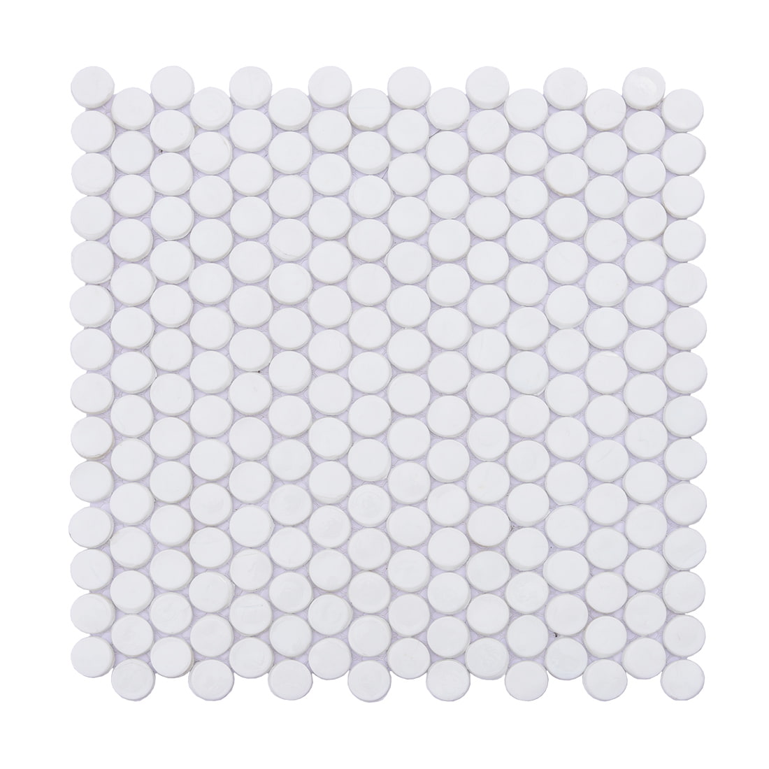 Top view of white round penny tile mosaic sheet on mesh backing