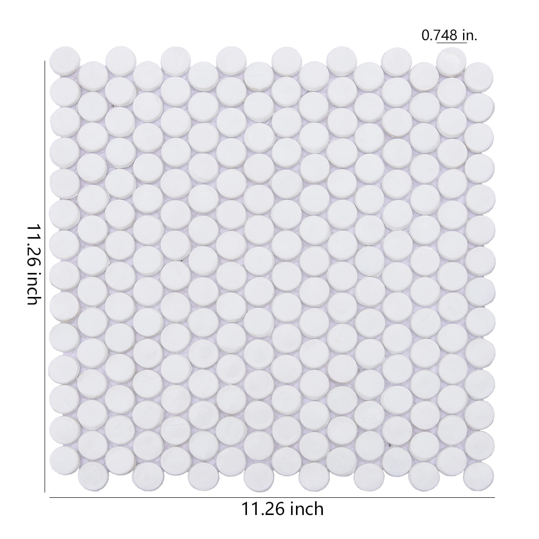 White round penny tile mosaic sheet showing overall layout with size dimensions