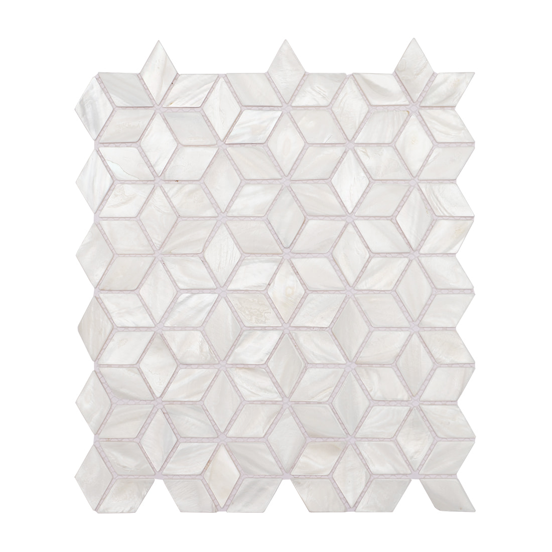 Front view of white shell cube mosaic tile sheet