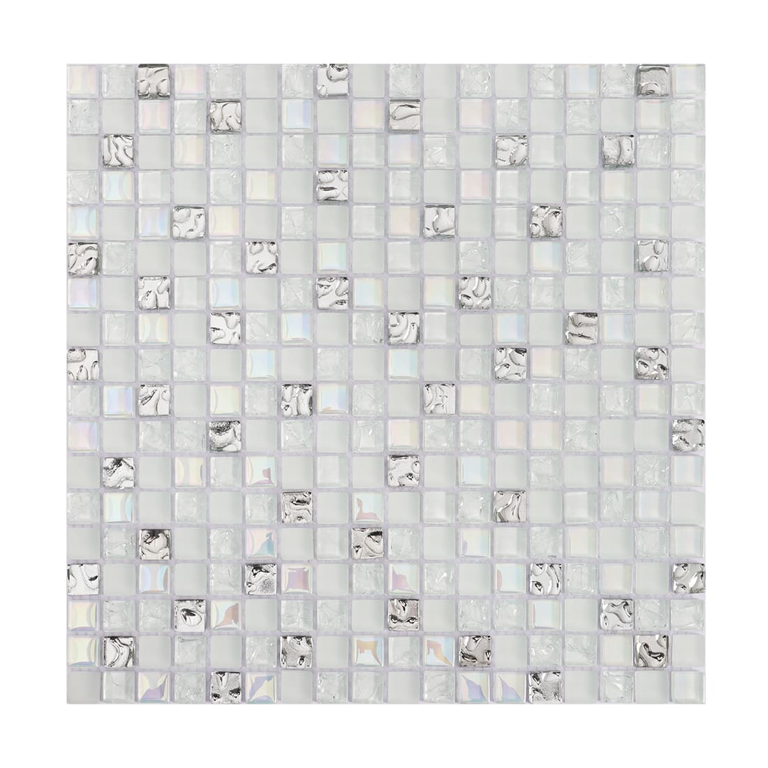 White square glass mosaic tile sheet with iridescent and silver textured pieces