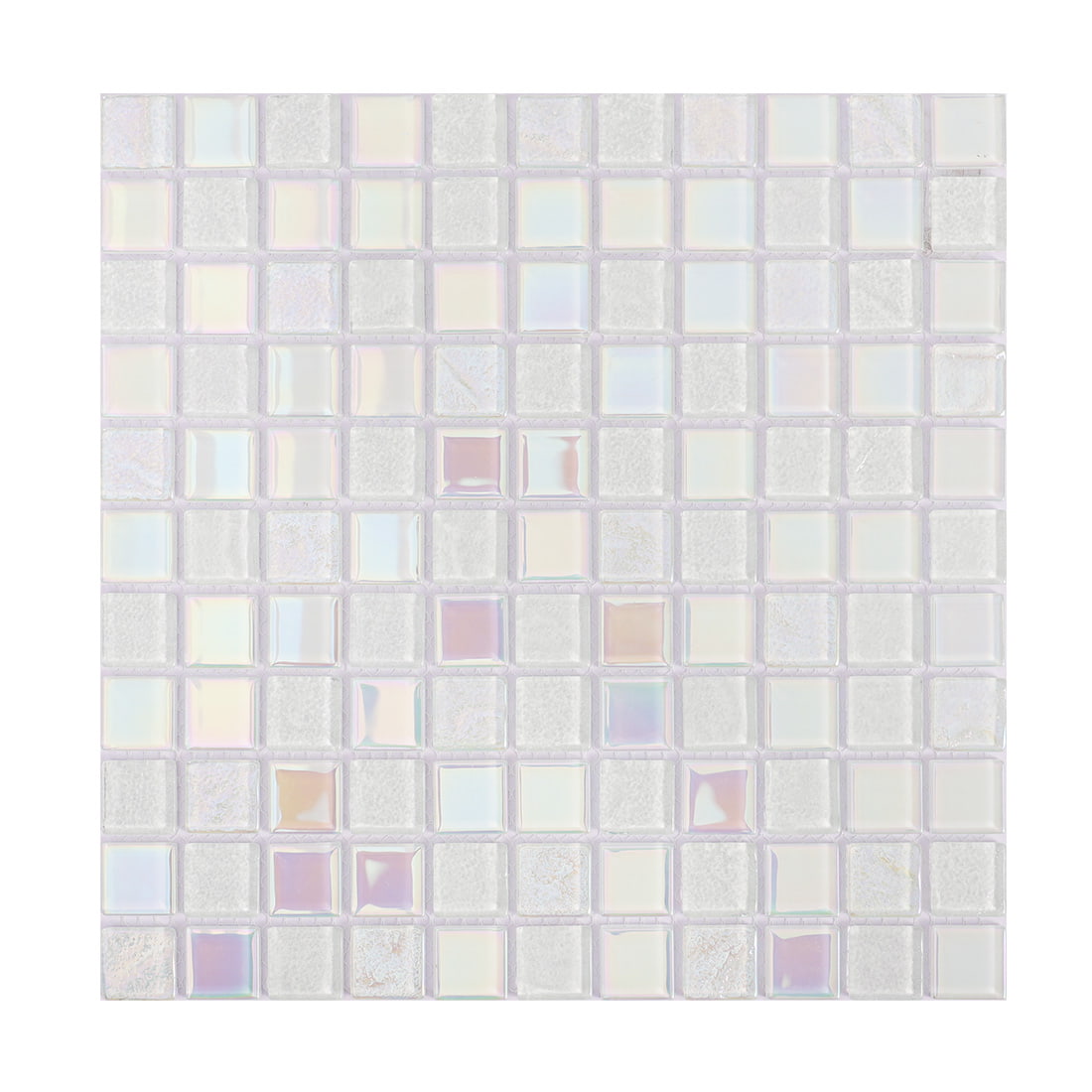 Full sheet of white square crystal glass mosaic tile with soft iridescent shine