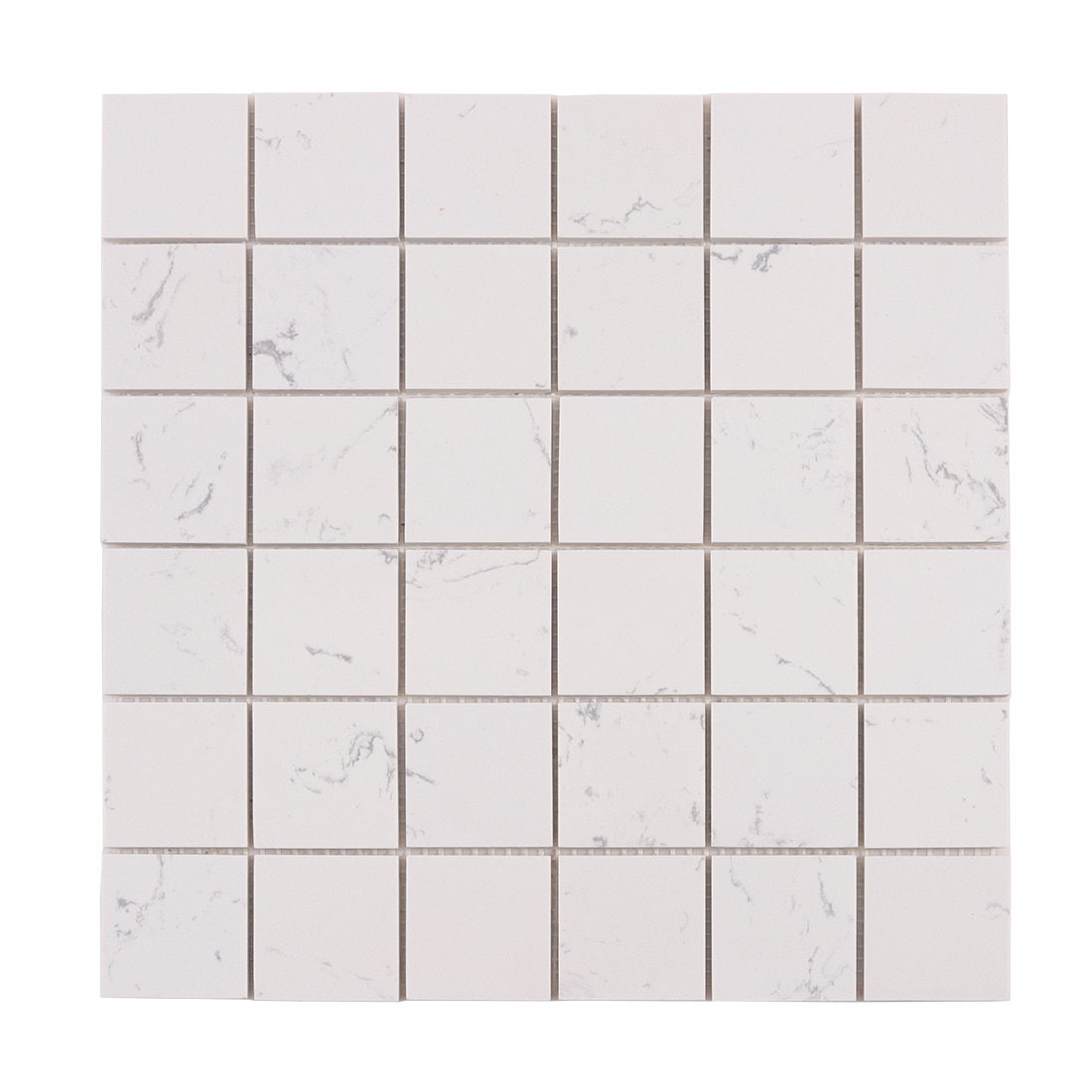 Full sheet view of white square marble mosaic tiles with clean grout lines