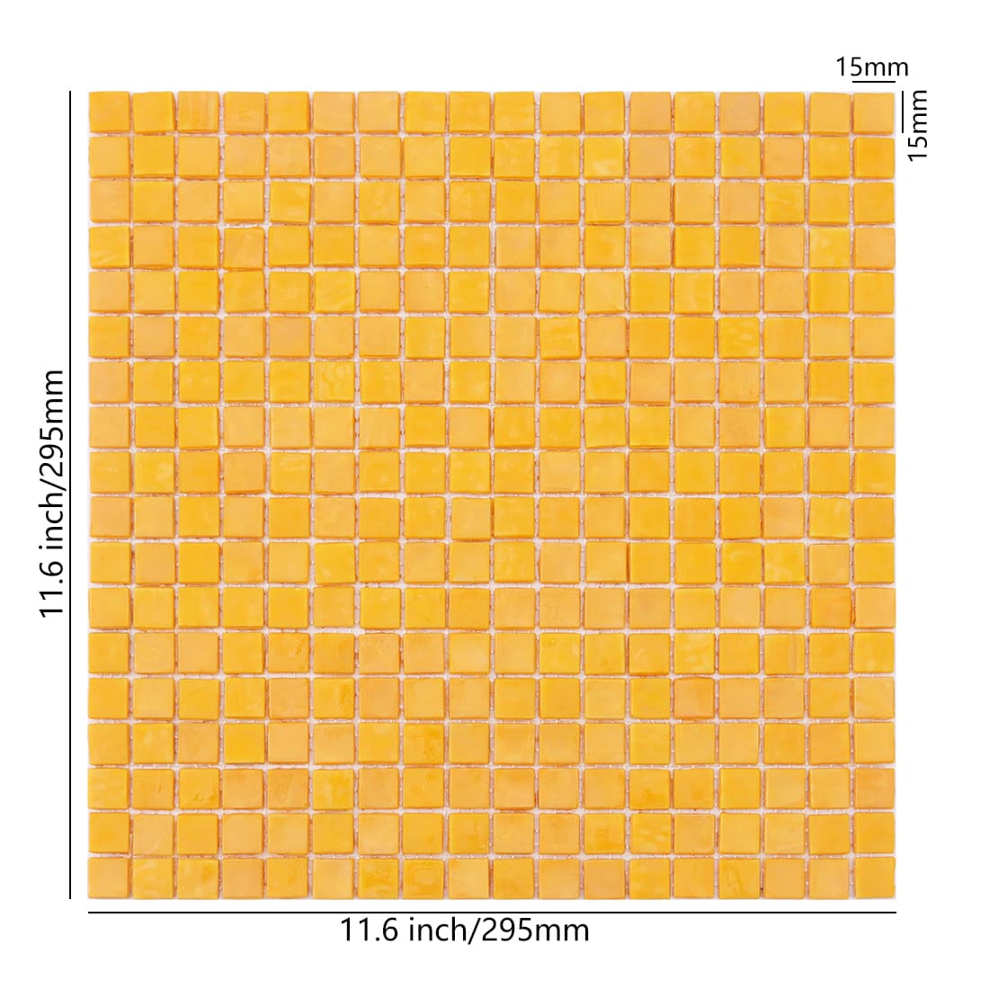 11.6 inch square yellow mosaic tile sheet showing individual 15mm square tiles.