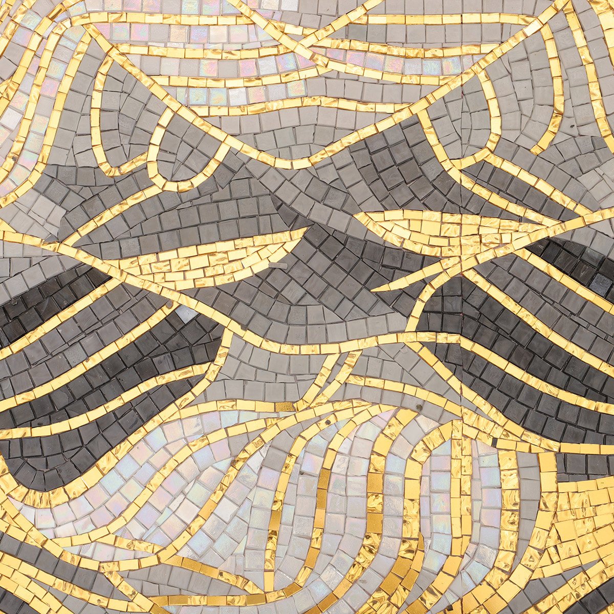 Detailed view of abstract golden mountain mosaic pattern with layered gray tiles.