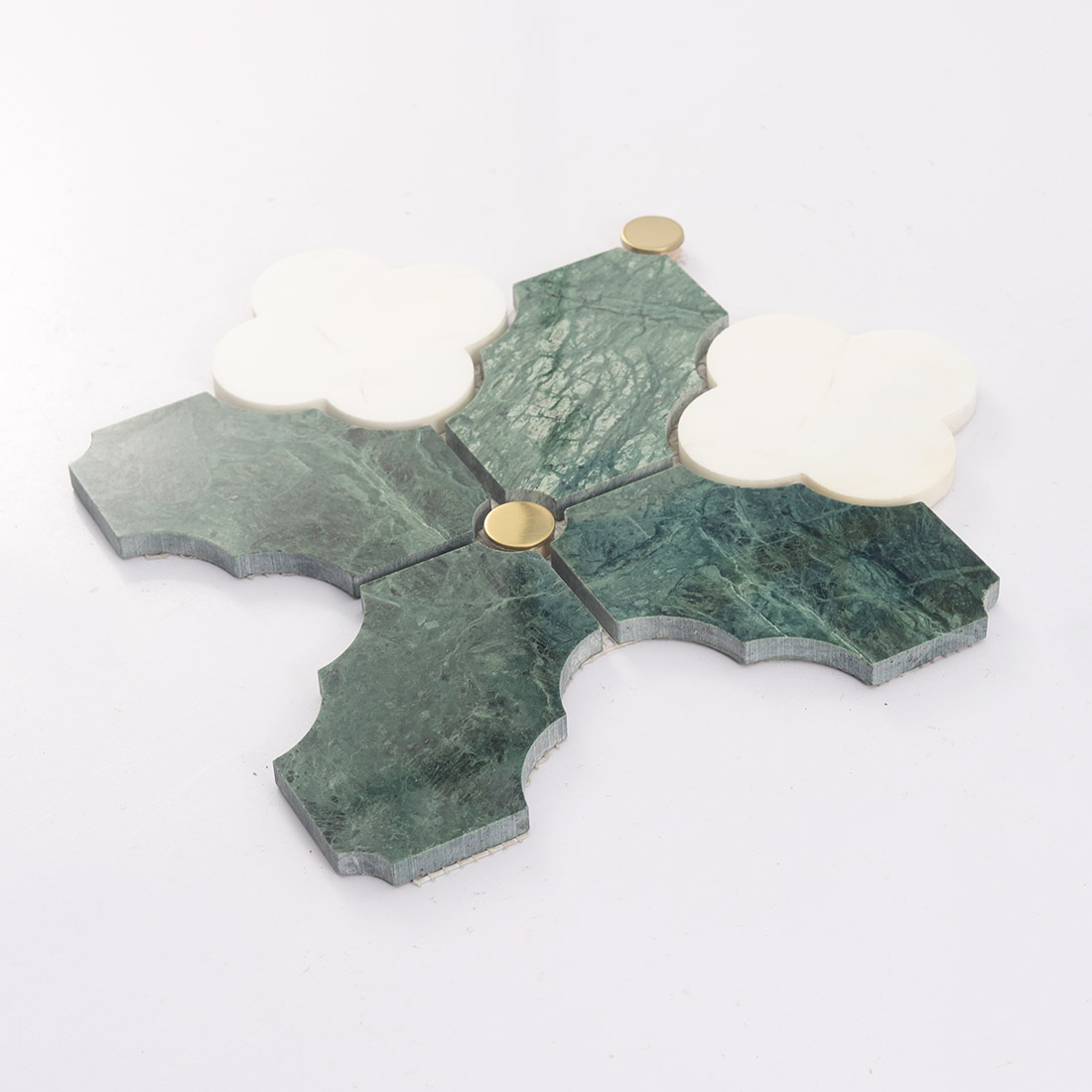 Angled Indian green and white flower marble tile with round gold dots