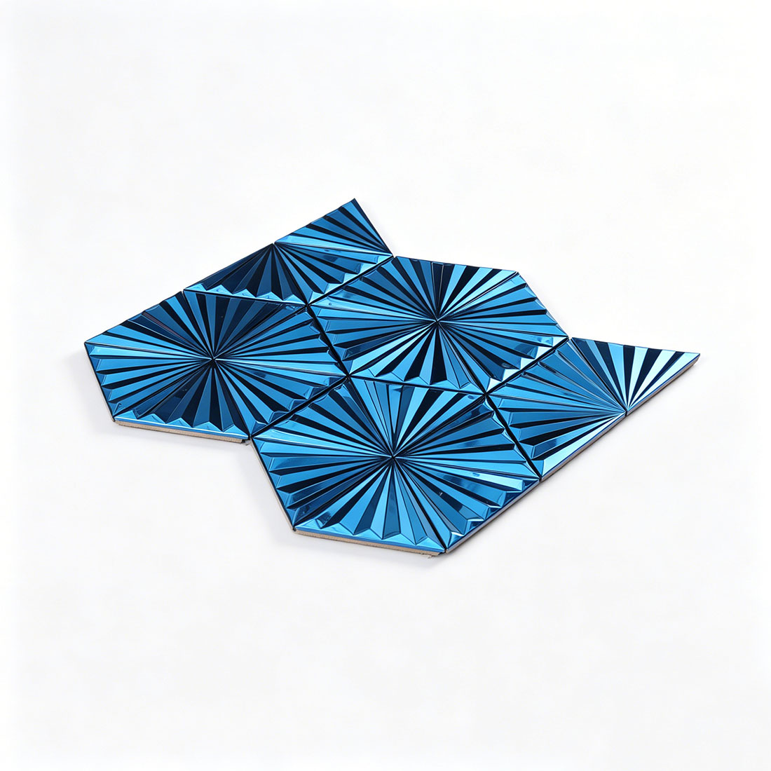 Angled sheet view of blue fan triangle stainless steel mosaic tile