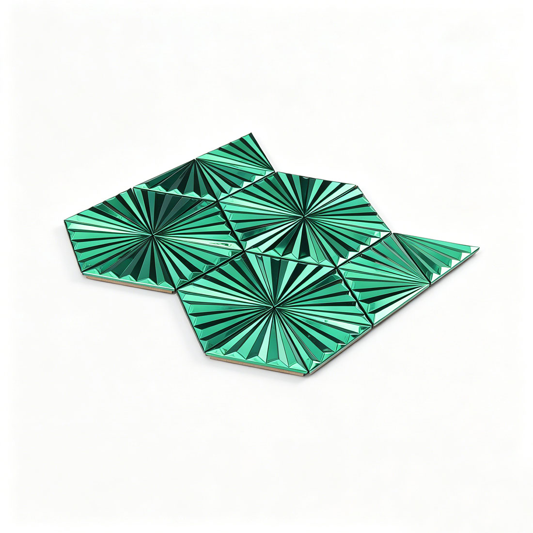 Angled emerald green fan triangle stainless steel mosaic tile display