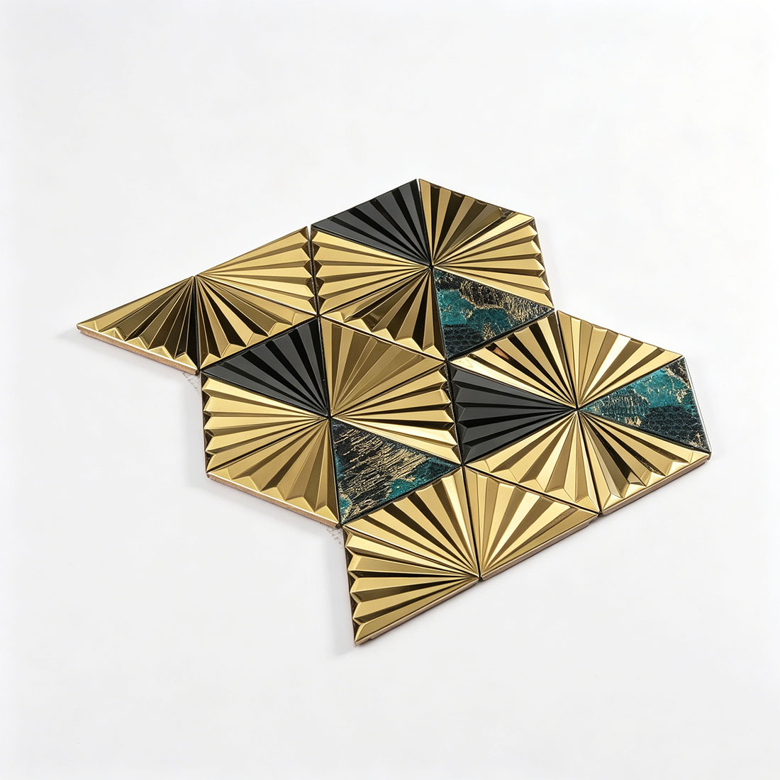Angled product view of gold black teal fan triangle stainless steel mosaic sheet