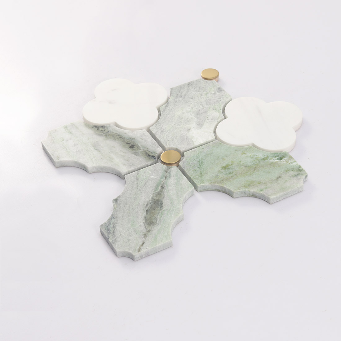 Angled green white arabesque marble mosaic tile with round gold dots