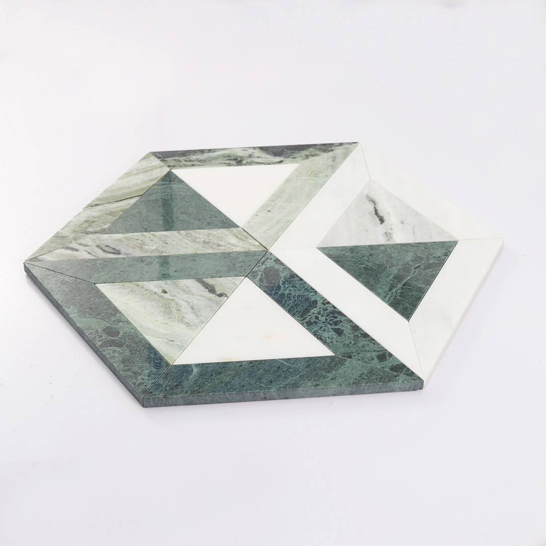 Angled green and white hexagon marble mosaic tile with triangular layout